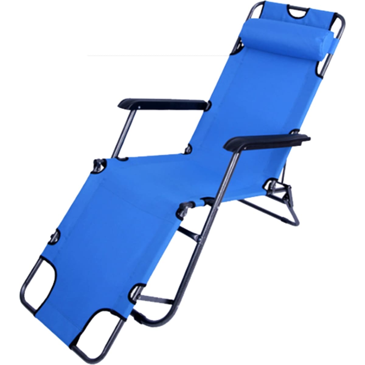 A blue lounge chair with a padded headrest and black metal frame, featuring adjustable recline positions.