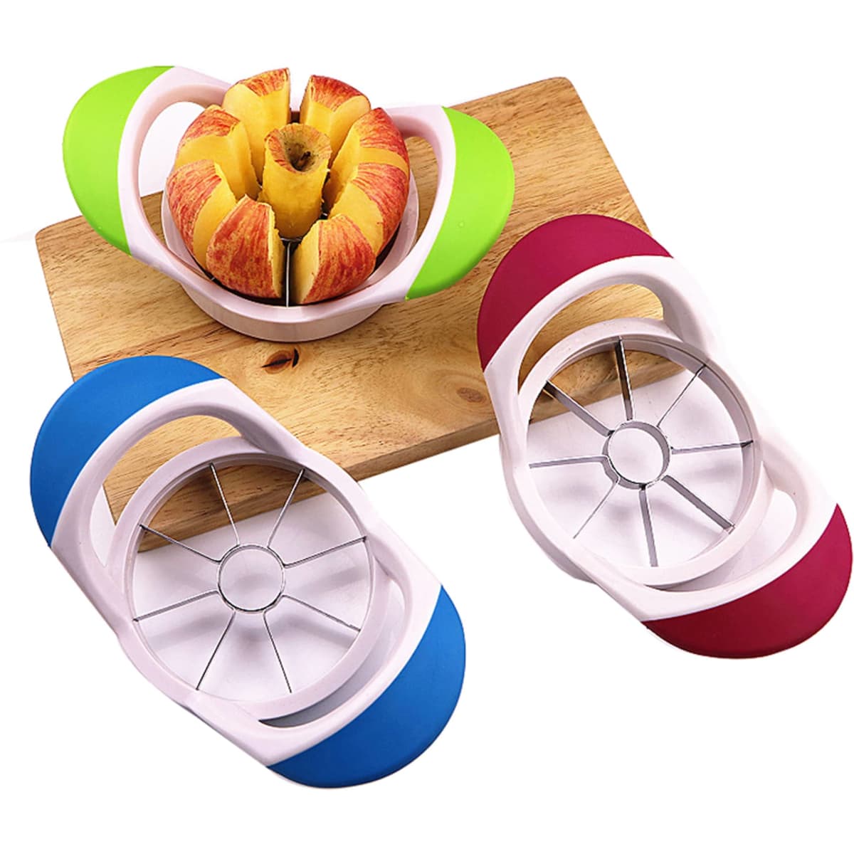 An apple cutter in blue, green, and red, placed next to a sliced apple on a wooden board.