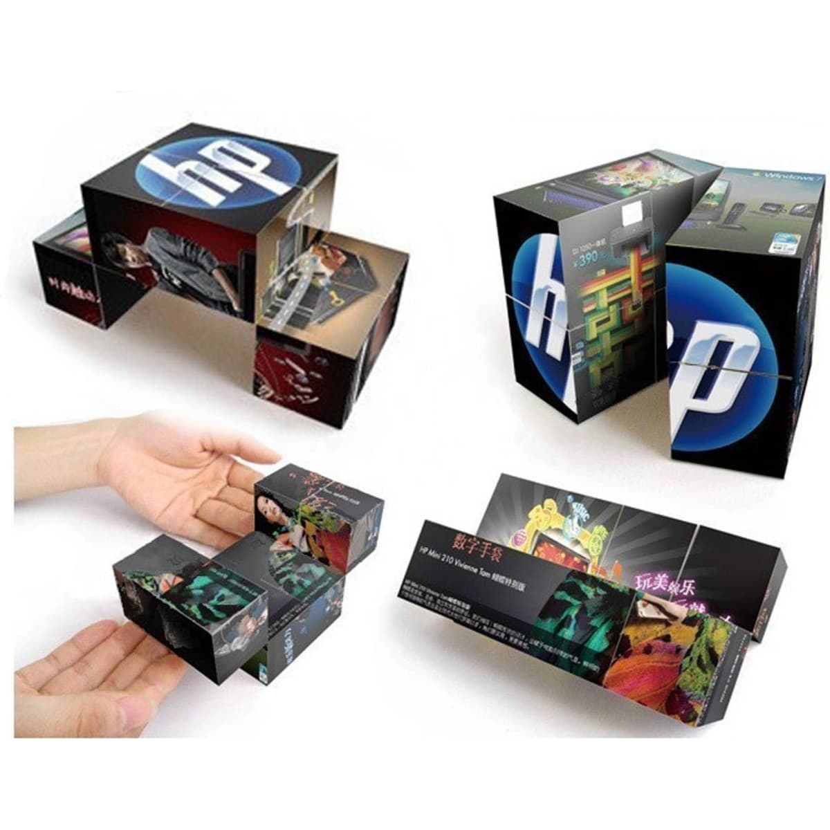 A foldable magic cube in various designs and colours, featuring images on each side, with a logo present on one.