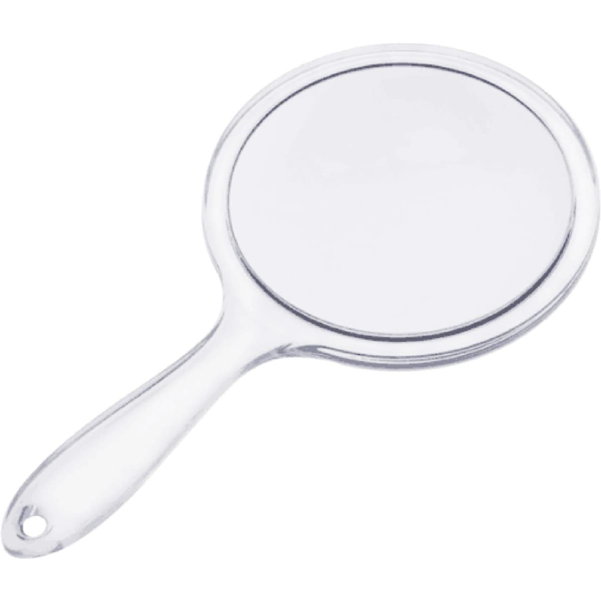 A clear double-sided mirror with a handle. The mirror has a smooth, reflective surface.