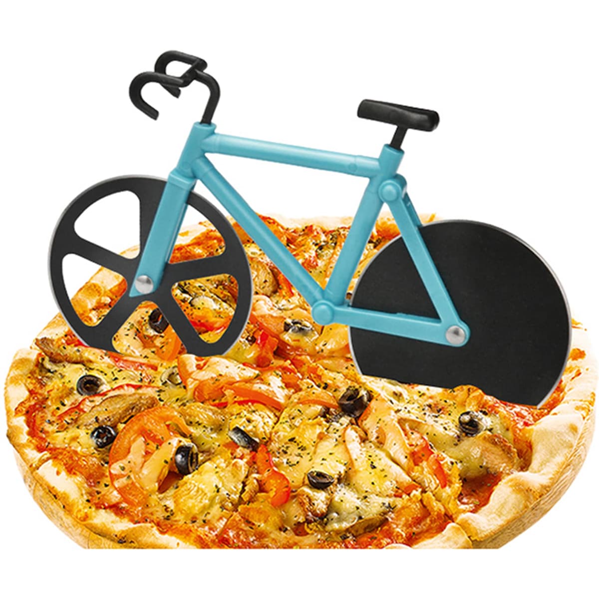 A bicycle-shaped pizza cutter in teal colour placed on a pizza topped with vegetables and chicken.