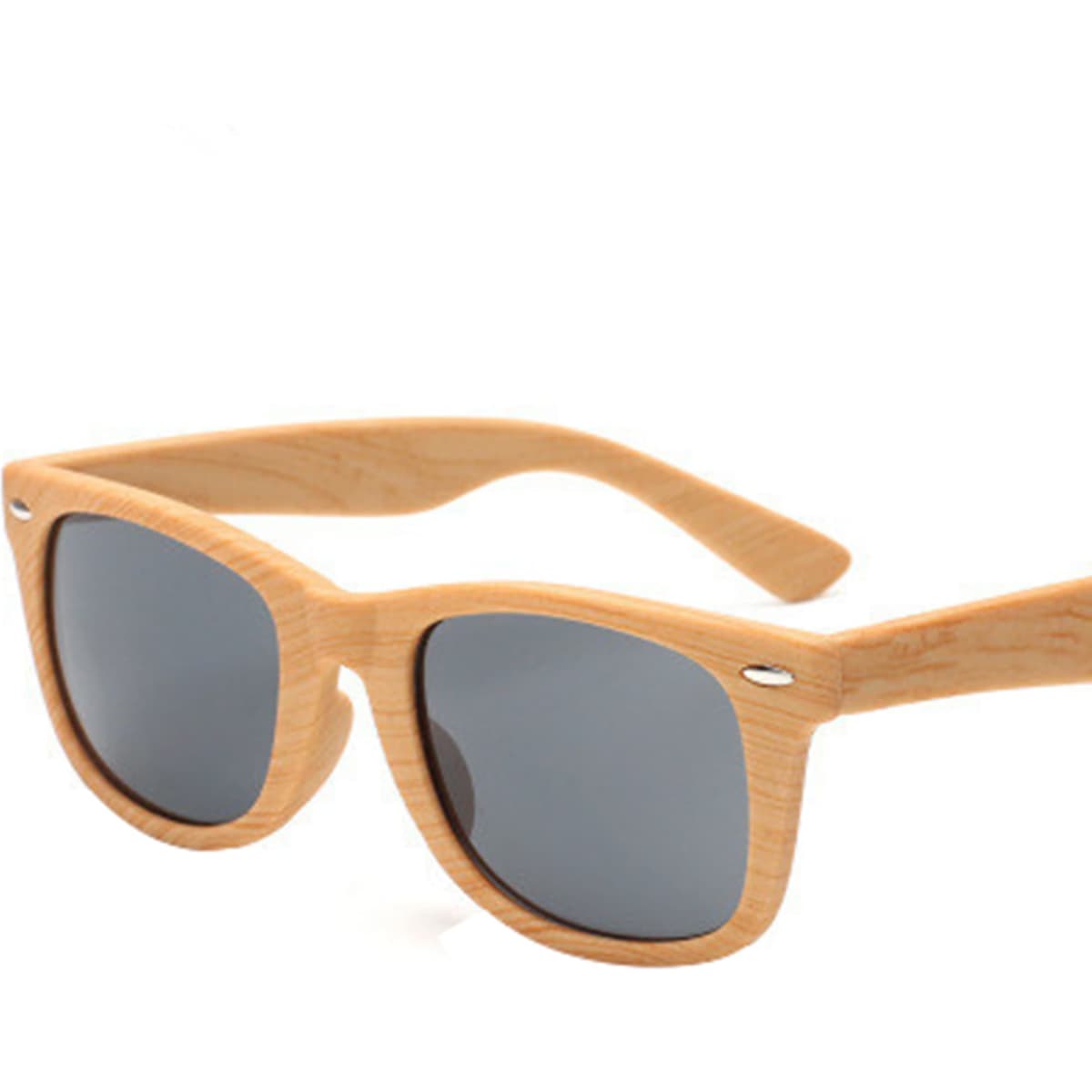 Wood-like sunglasses with grey lenses and a light wood finish. Features a logo on the side.