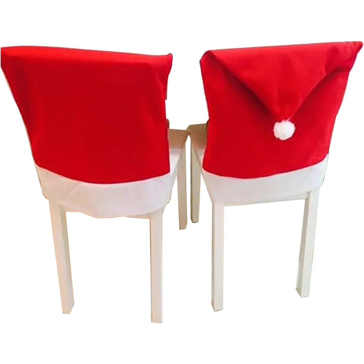 Two chairs covered with festive red and white Christmas chair covers, designed to resemble Santa hats.