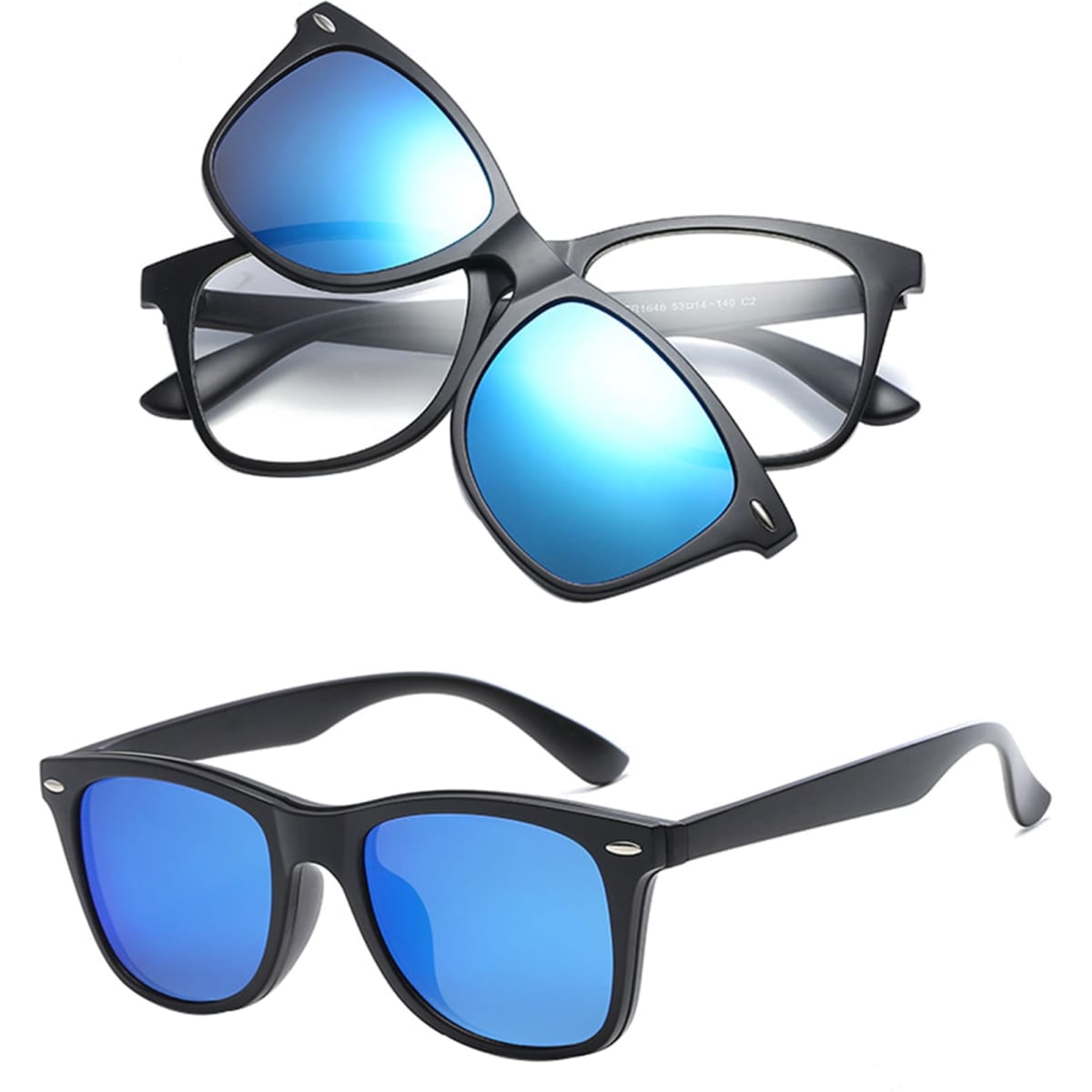 Two pairs of Polaroid sunglasses, one with a black frame and blue lenses, layered over another similar style in black and blue.
