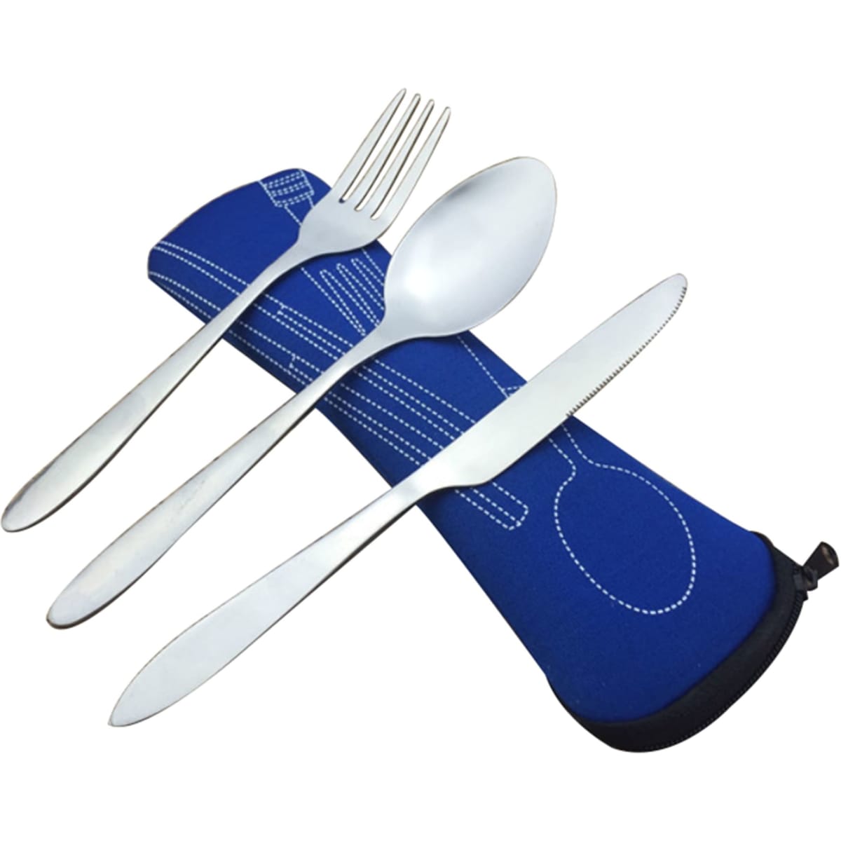 A blue neoprene case containing a fork, spoon, and knife set made of stainless steel.