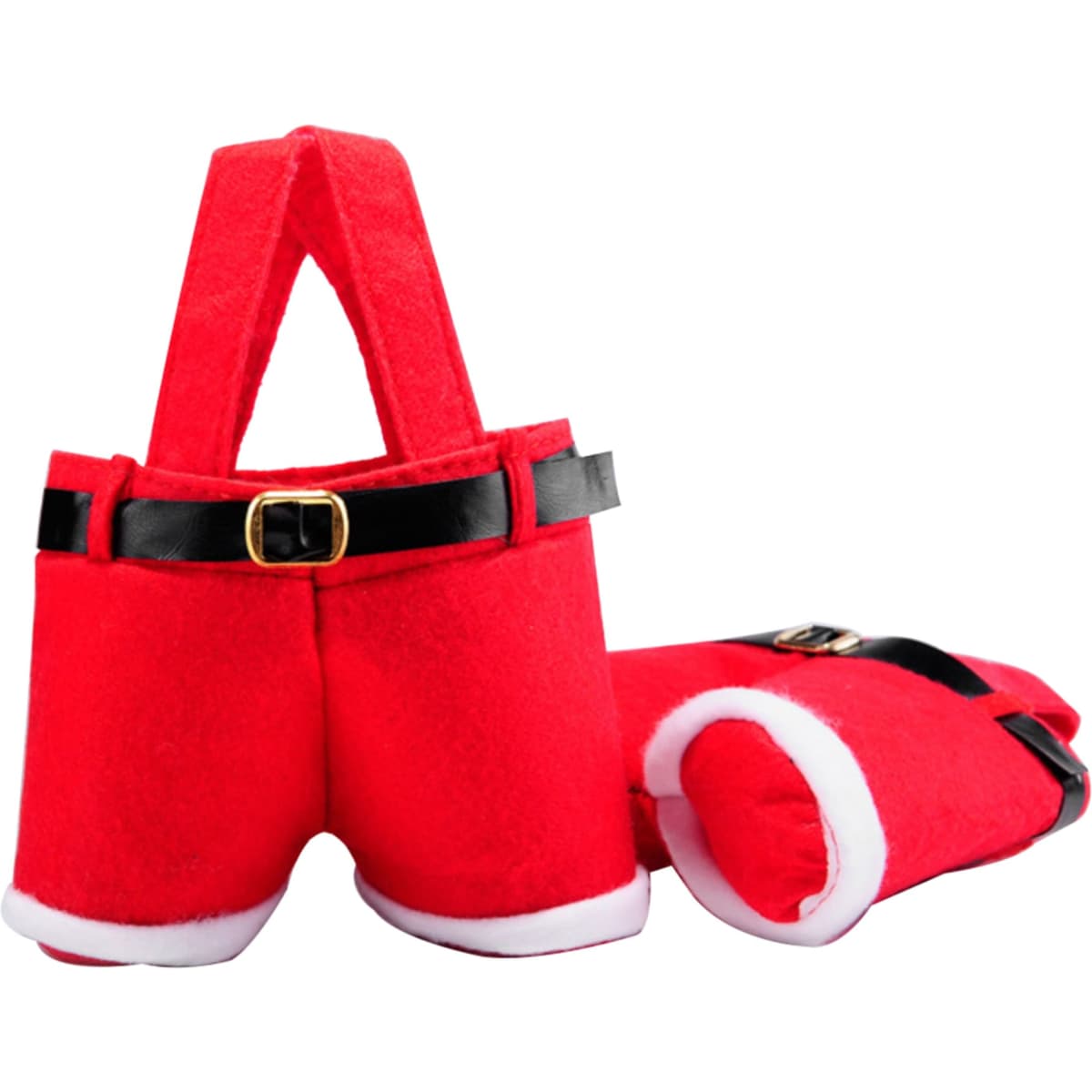 A pair of festive red Santa pants made from soft fabric, featuring black belt detailing and white trim.