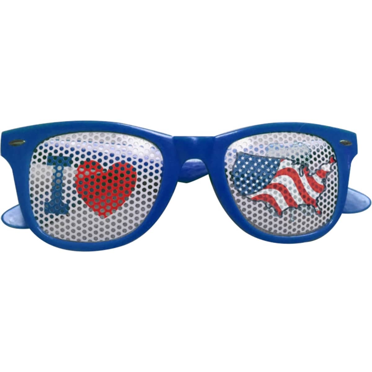 Blue novelty eyeglasses with pinhole lenses featuring red hearts and an American flag design.