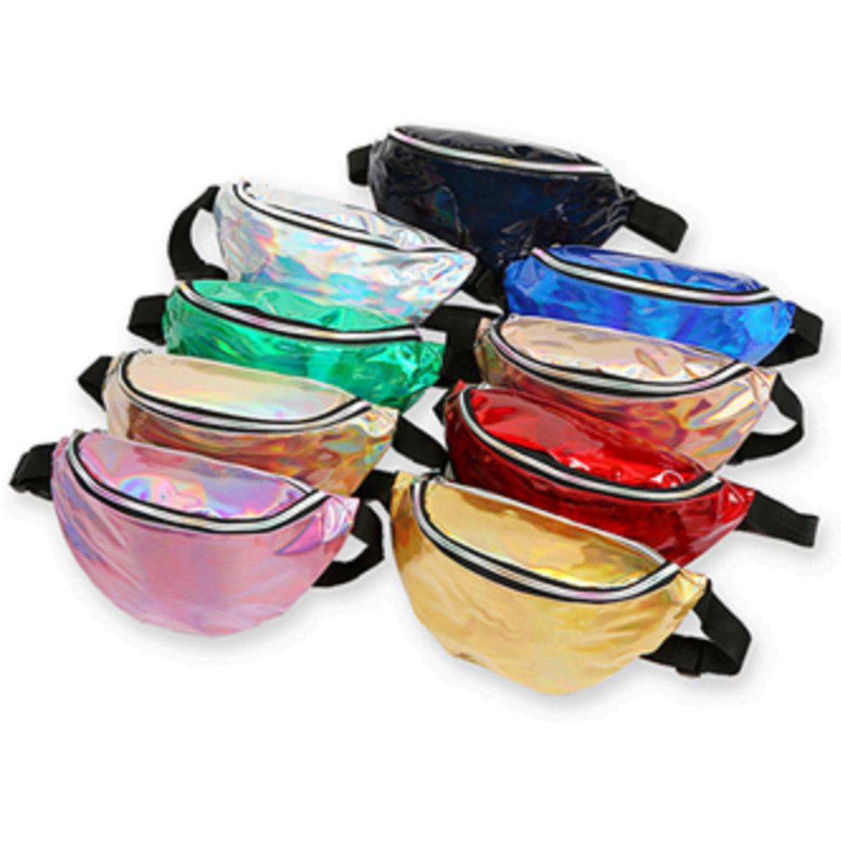 A collection of iridescent fanny packs in various colours including pink, blue, green, red, and gold, featuring a logo.