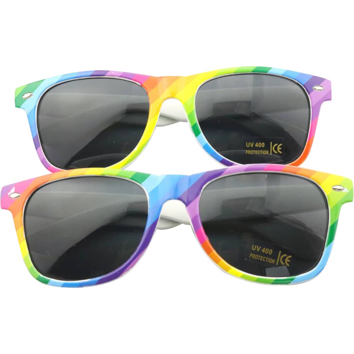 Rainbow sunglasses featuring a vibrant multi-coloured frame with grey lenses, stacked in pairs. Includes a logo on the side.