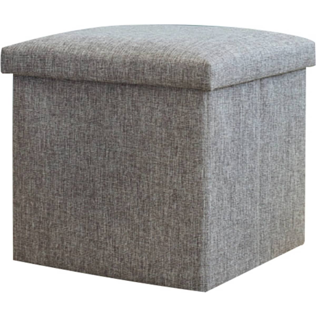 A grey foldable storage ottoman with a cushioned top, featuring a simple, textured fabric design.