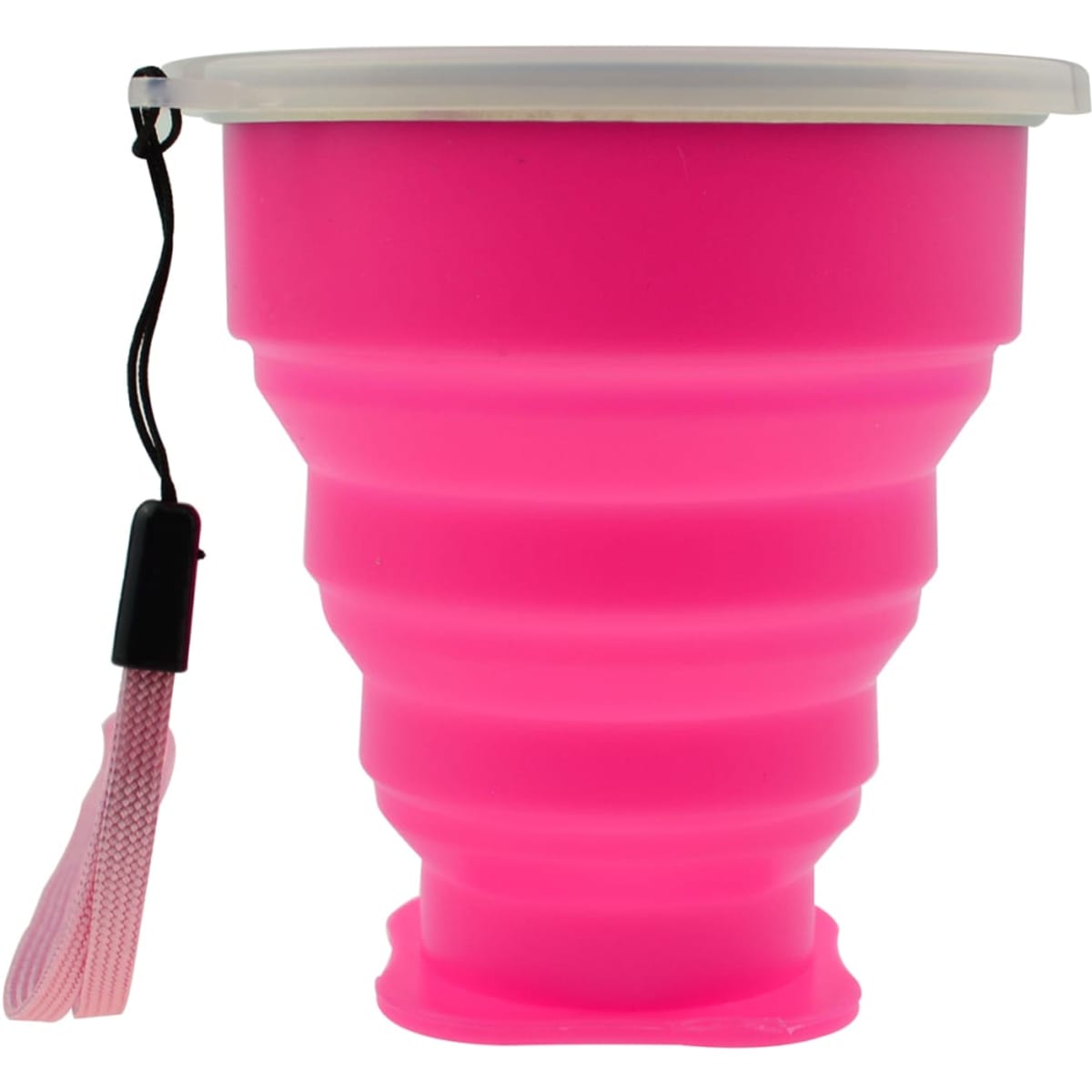 A pink collapsible silicone travel cup with a lid and a tassel attachment. It features a branding logo.