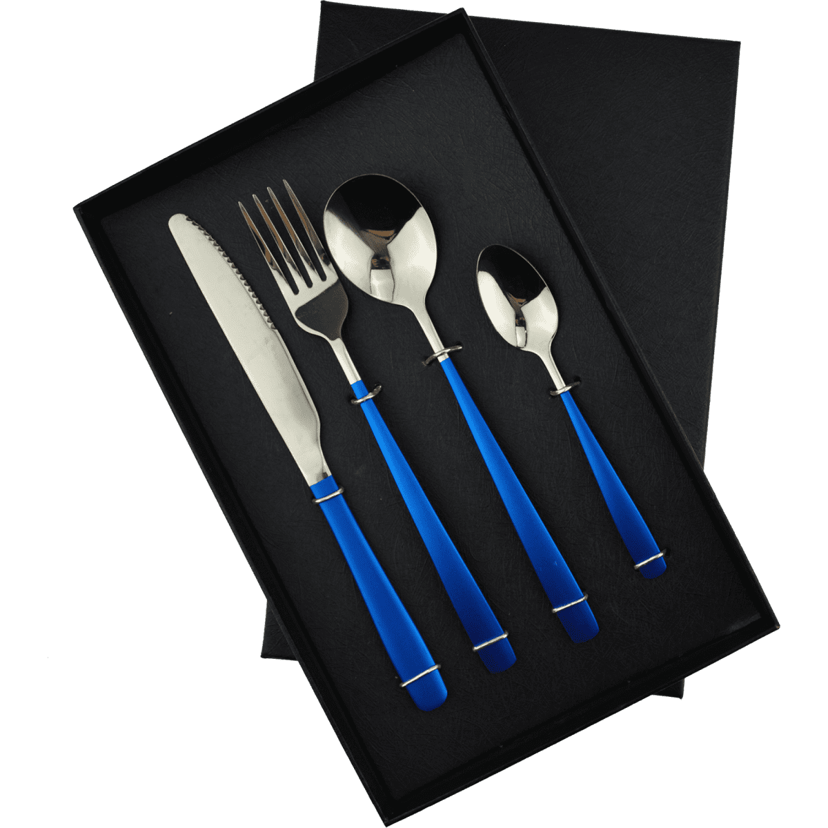 A dinner cutlery set featuring a knife, fork, and two spoons, with blue handles, presented in a black box.
