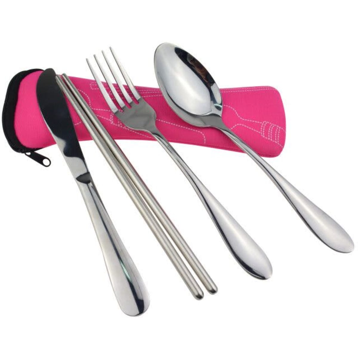 A four-piece stainless steel cutlery set in silver, accompanied by a pink carrying pouch.