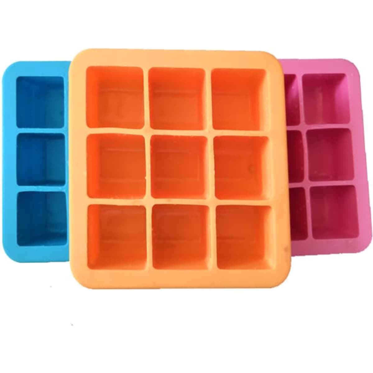 Three silicone ice cube trays in blue, orange, and pink, featuring multiple compartments for ice cubes.