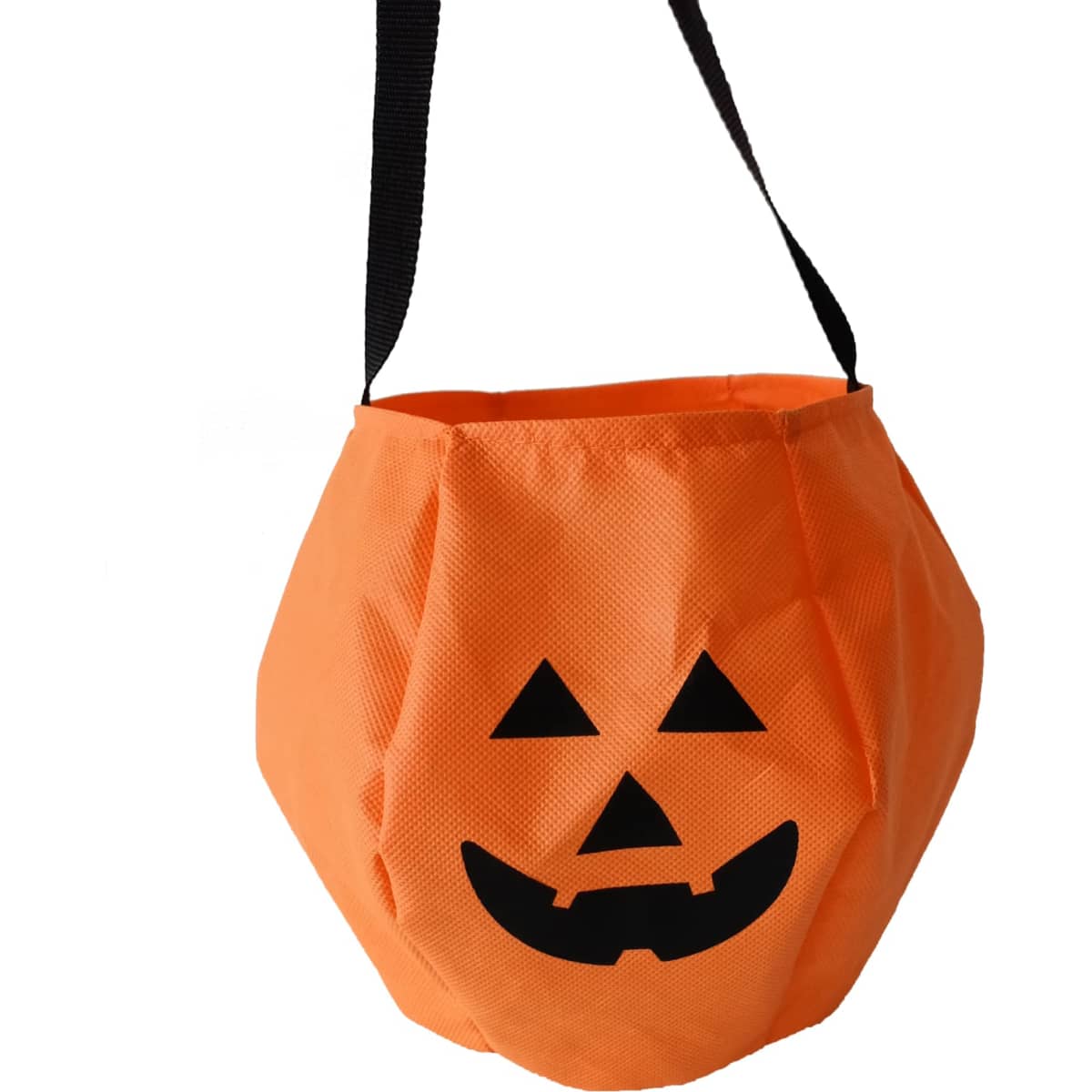 An orange bag with a black pumpkin face and a black strap, designed for carrying items.