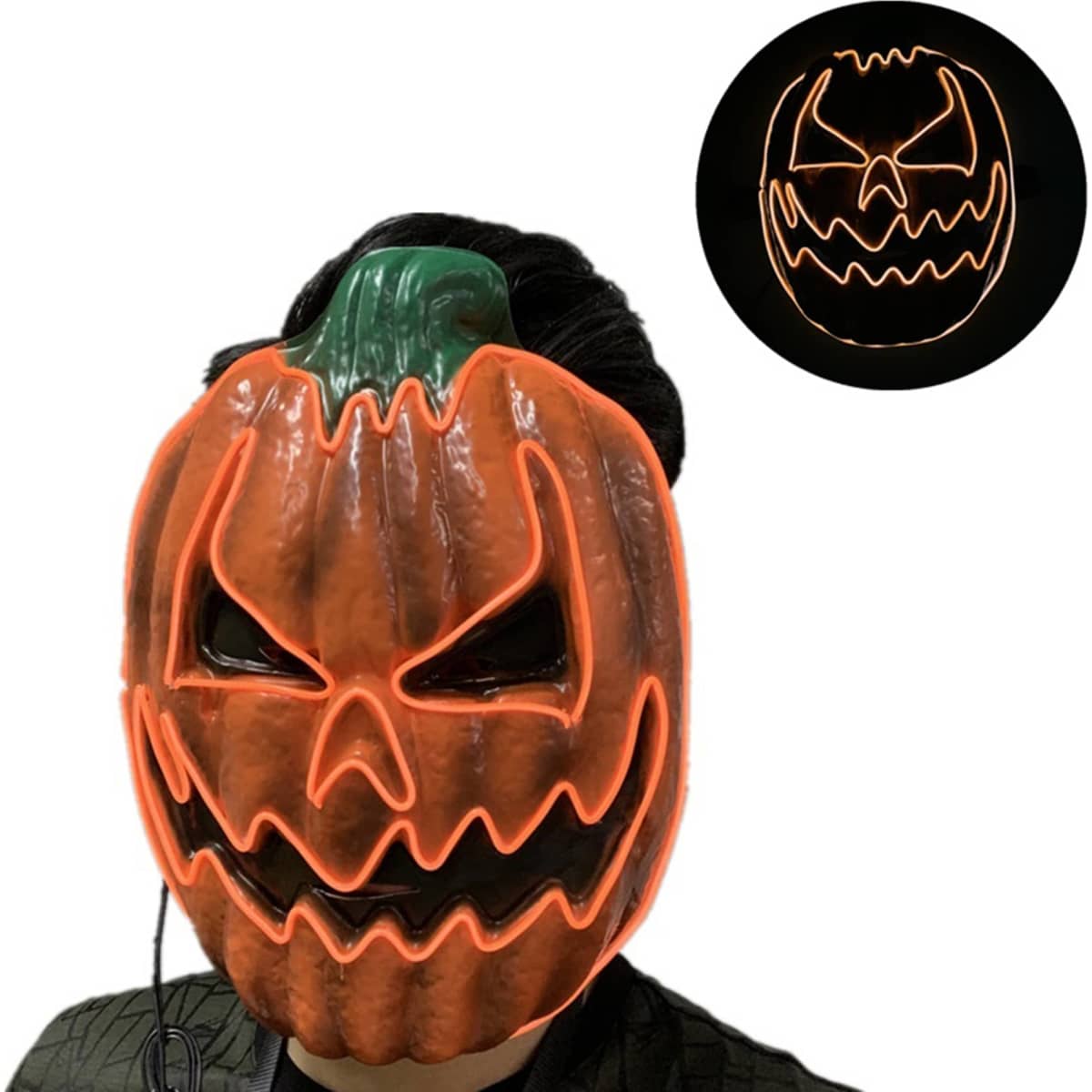A pumpkin mask in orange with glowing neon features highlights a spooky face design, ideal for Halloween.