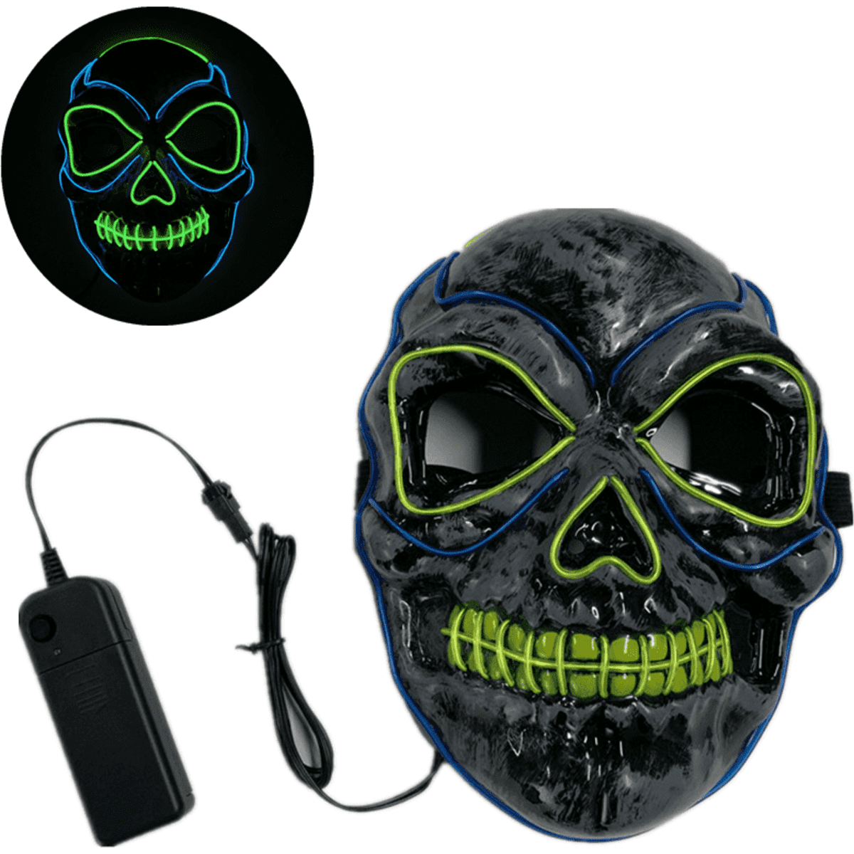 A black skull mask with green LED lights, featuring a connected battery box. It has a glossy finish and a logo.
