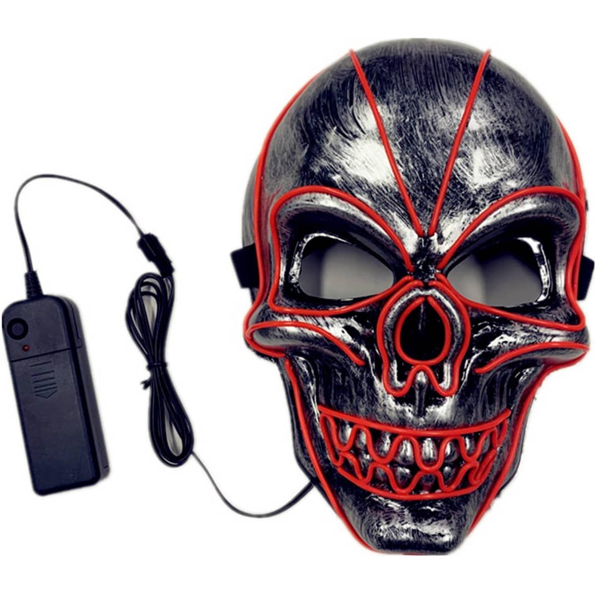 A black and silver skull mask with red detailing, featuring a battery pack connected by a wire.