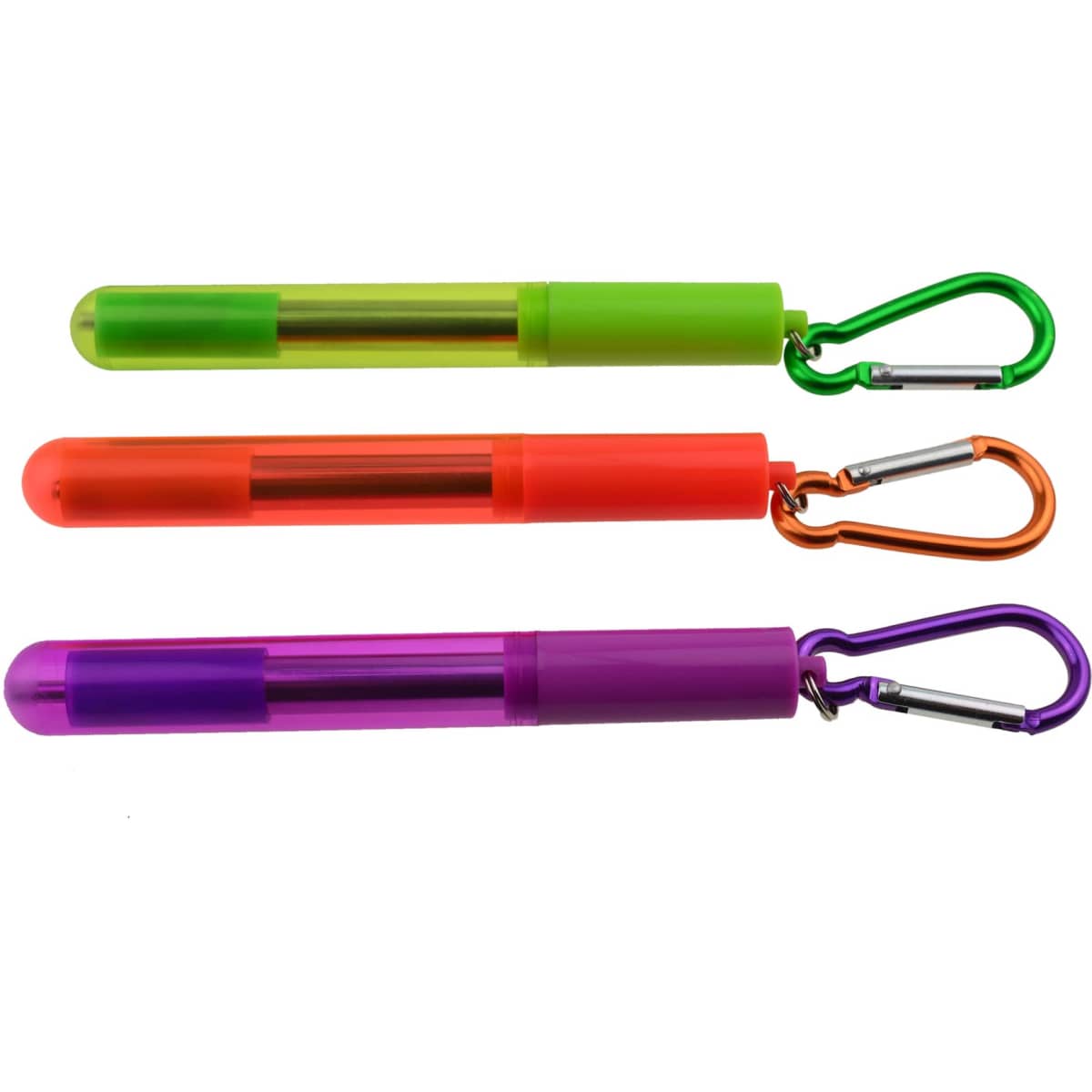A set of three foldable drinking straws in green, orange, and purple, each with a detachable carabiner for attachment.
