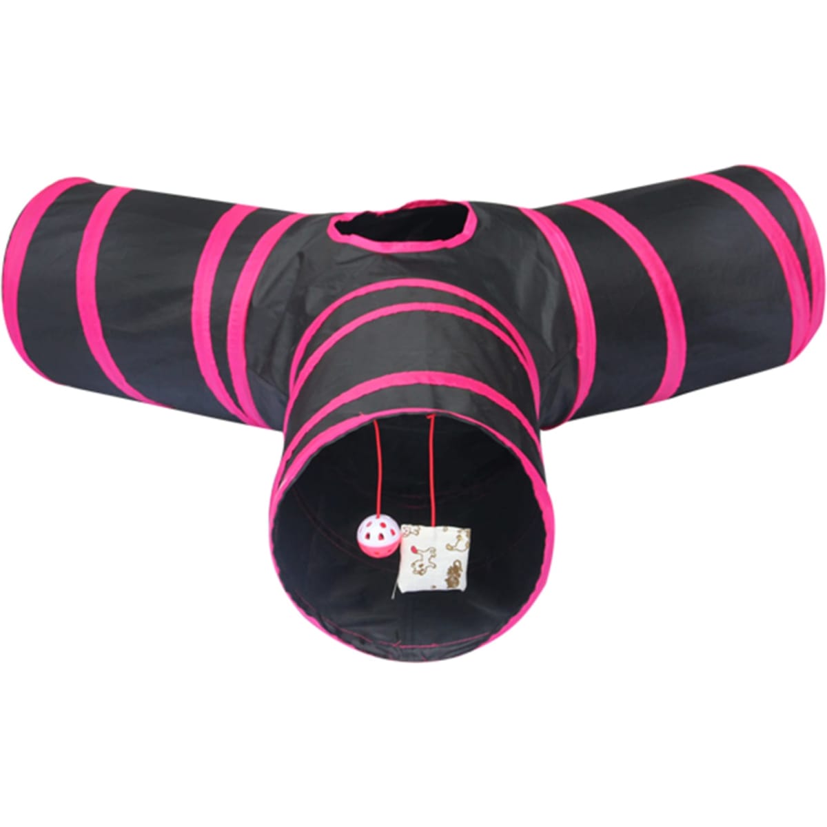 A collapsible pet play tunnel tube in black with pink stripes, featuring a central opening and a hanging toy.