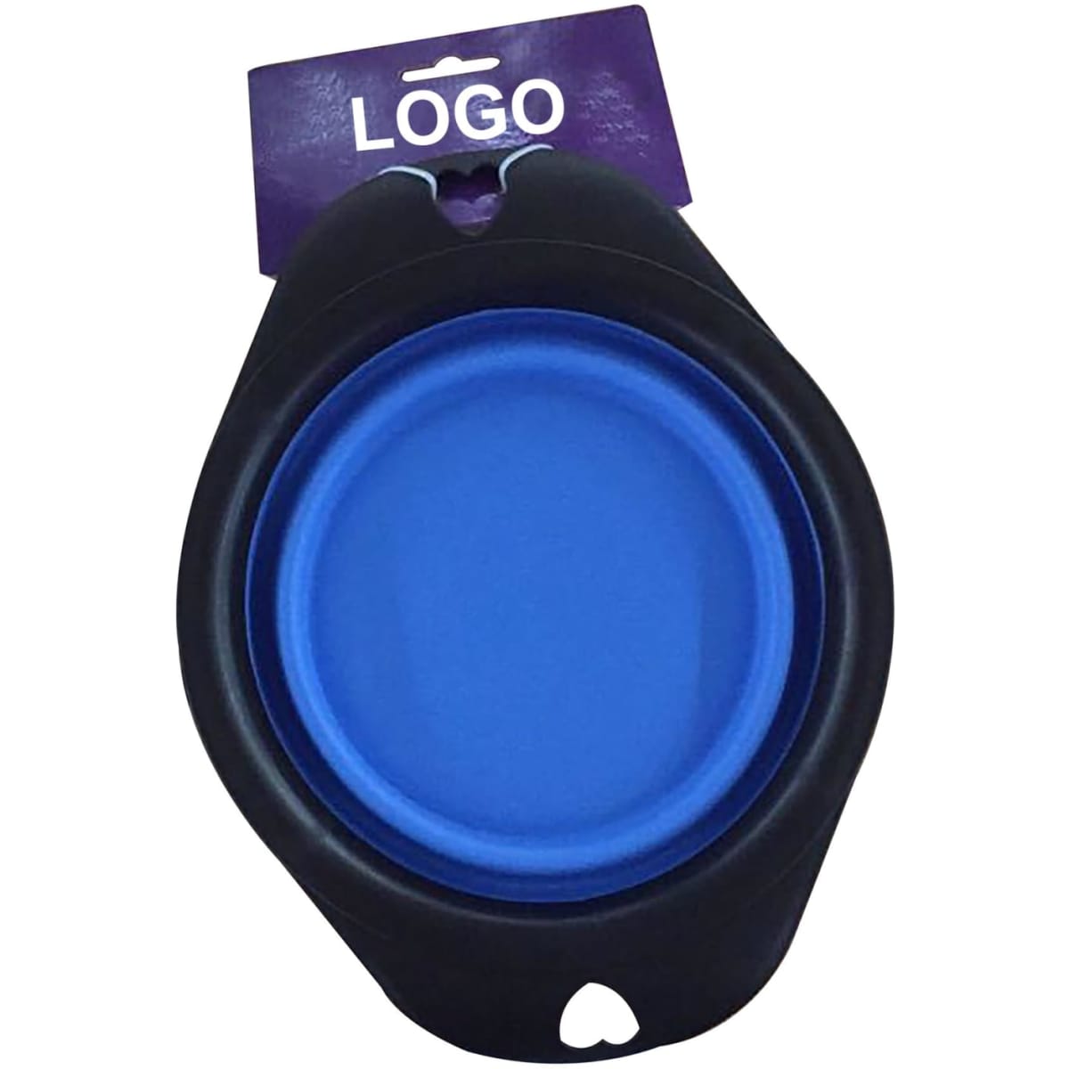 A black and blue pet folding bowl with a circular shape and a hanging tag featuring a logo.