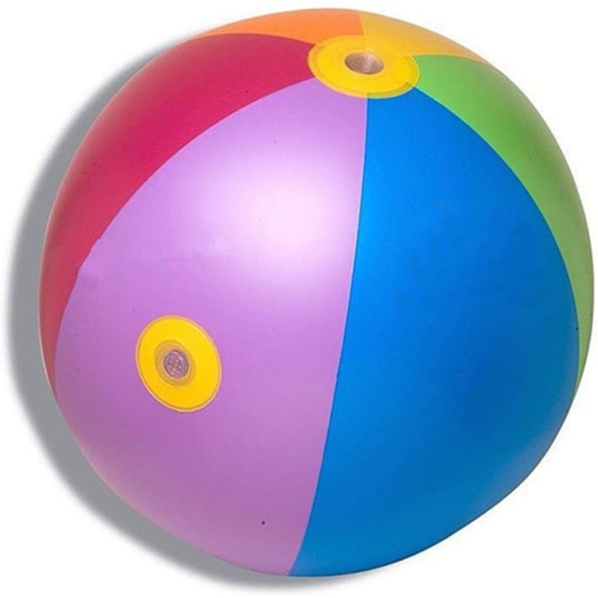 An inflatable water spray ball in vibrant colours, featuring sections of pink, purple, blue, green, and yellow.