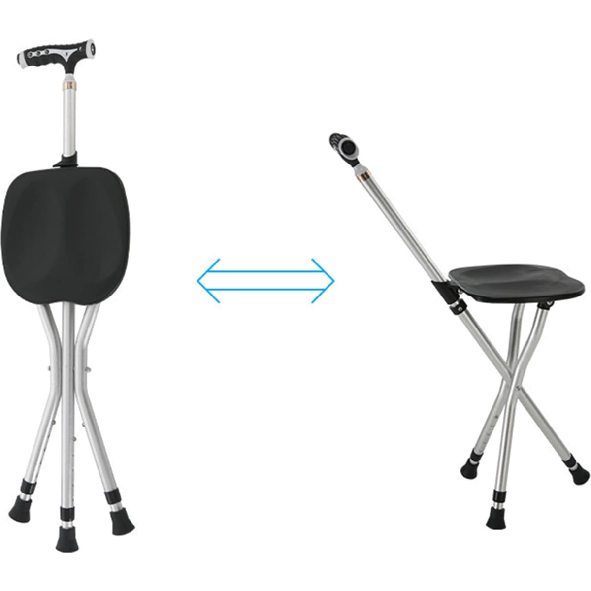 An adjustable cane stool in black and silver, featuring a handle and a compact folding design.