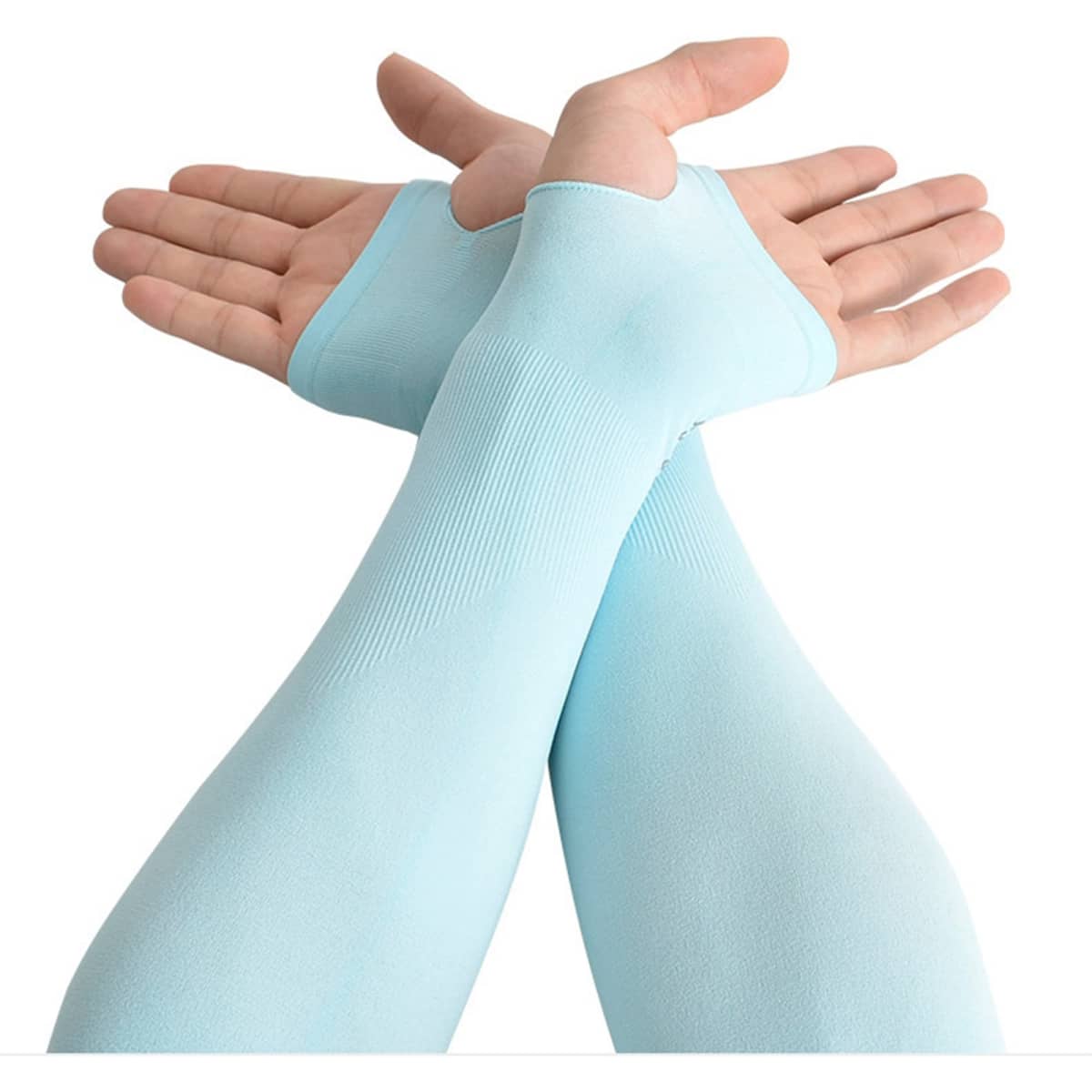 Light blue sunscreen ice silk sleeves displayed with hands crossed over each other. The product has a smooth, fitted design.