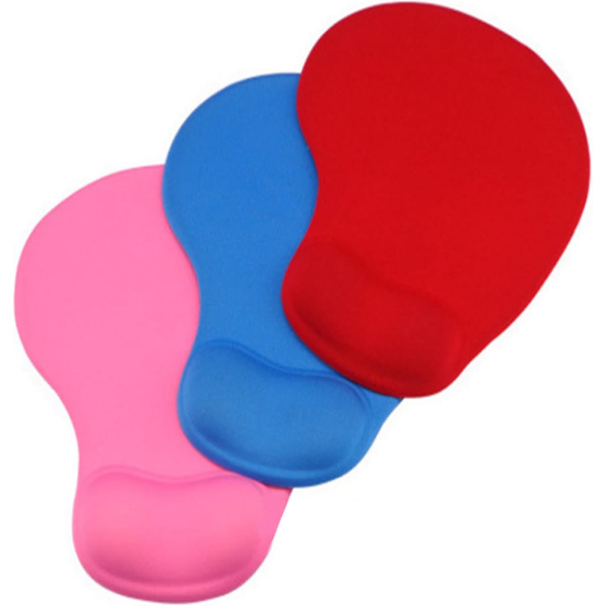 Three silicone mouse pads in pink, blue, and red, featuring a contoured wrist support. Each pad has a logo.