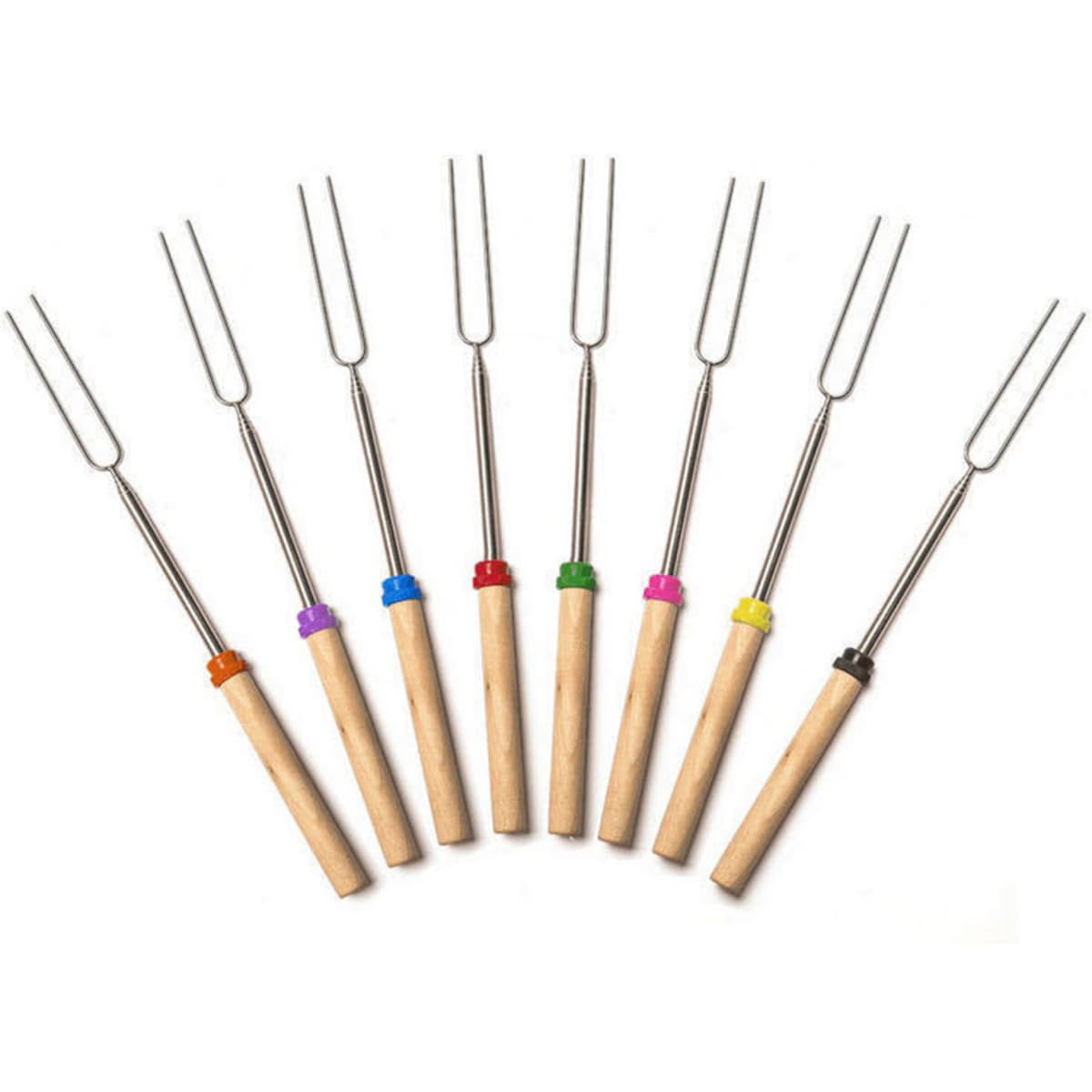 A set of eight telescopic barbecue forks with wooden handles and colourful grips, featuring stainless steel prongs.