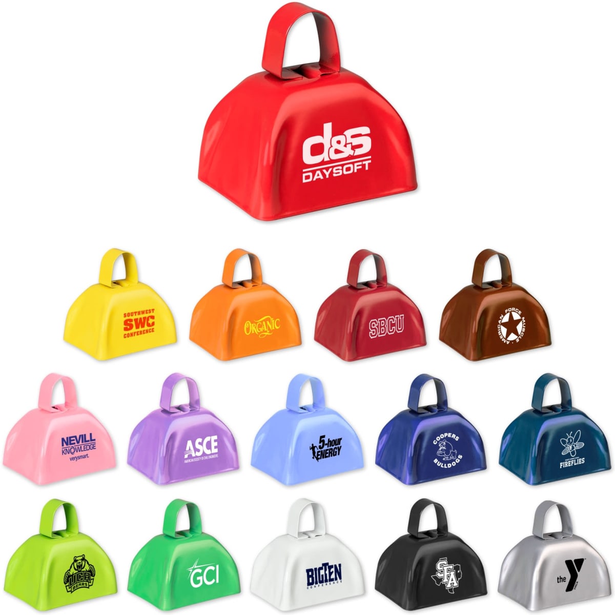 A collection of various cowbell products in different colours, each featuring a handle and logos or branding.