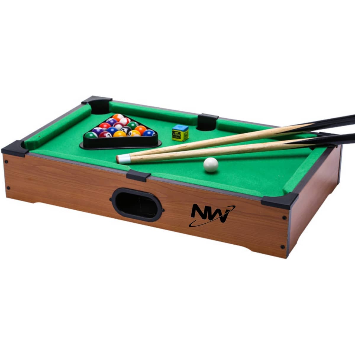 A mini billiard game featuring a green felt playing surface, wooden frame, pool balls, and two cue sticks.