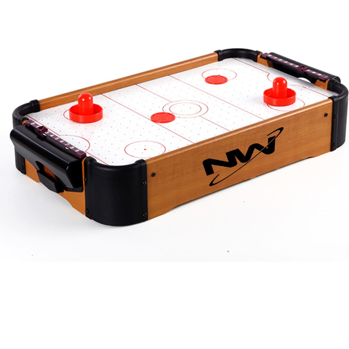 An air hockey table game featuring a wooden frame, red paddles, and a white playing surface with a logo.