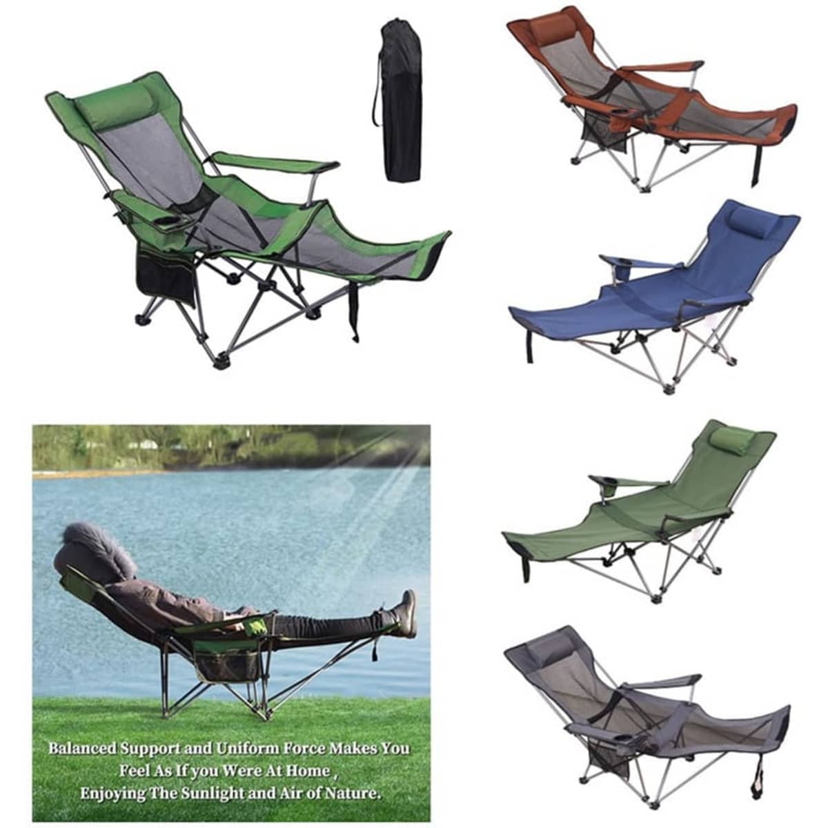 A range of camping lounge chairs in green, brown, blue, and grey, with a carrying bag and one chair reclined.