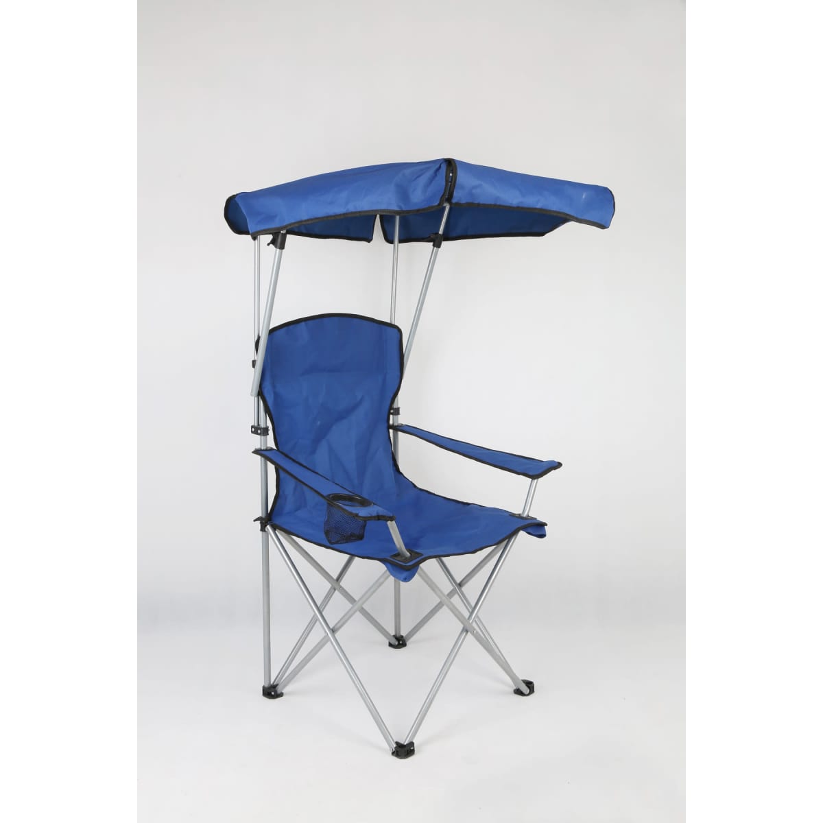 A blue folding beach chair with a canopy and a silver frame. Includes armrests and a mesh storage pocket.