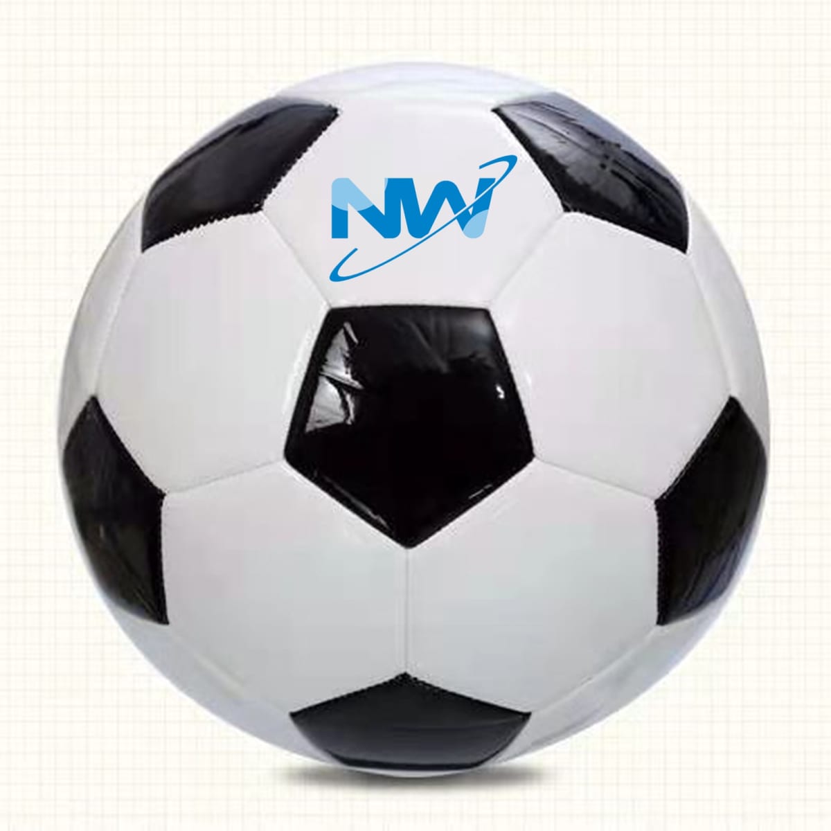 A black and white soccer ball with a logo on it, featuring a traditional hexagonal and pentagonal pattern.