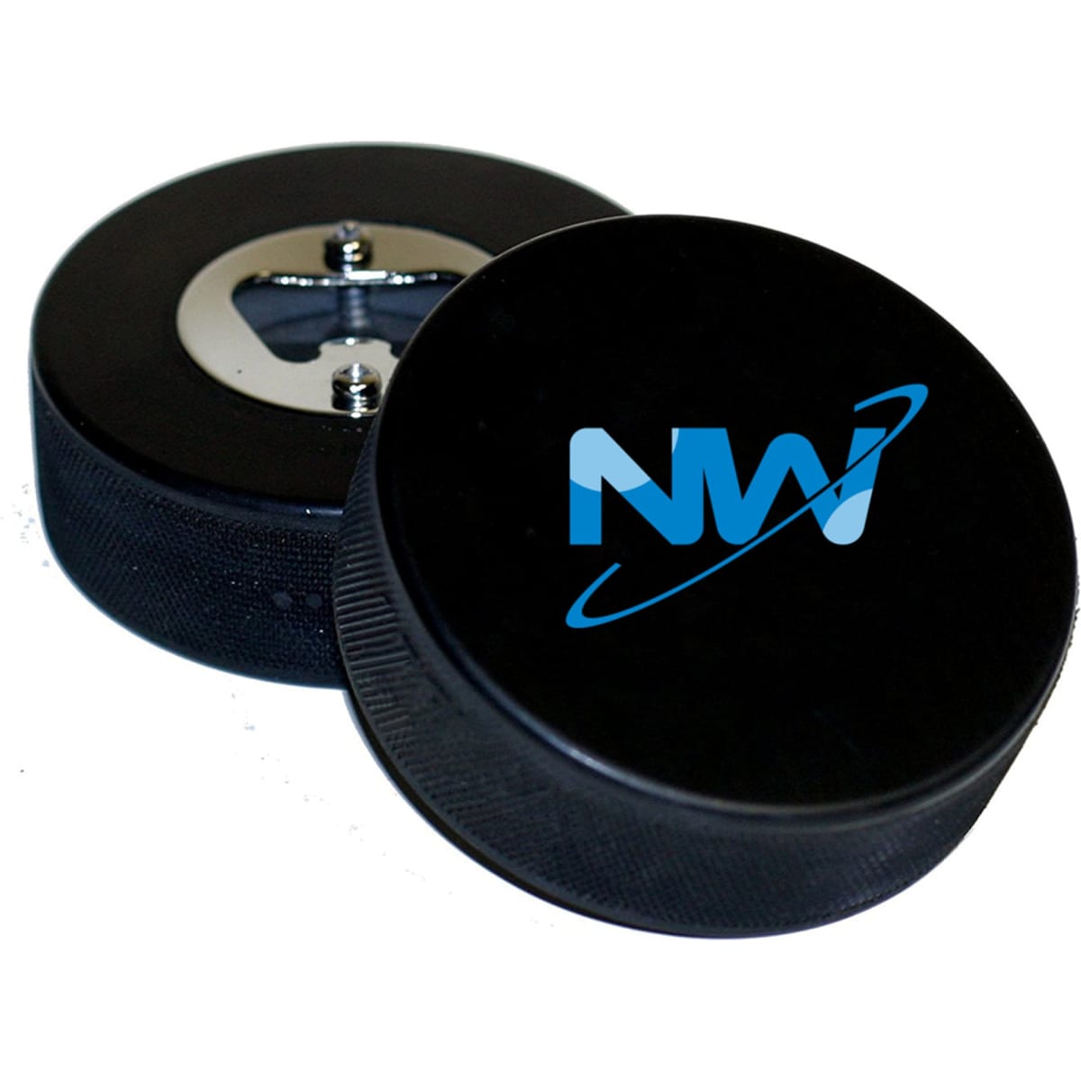 A drink bottle opener designed as a black hockey puck with a circular metal opener and a logo.
