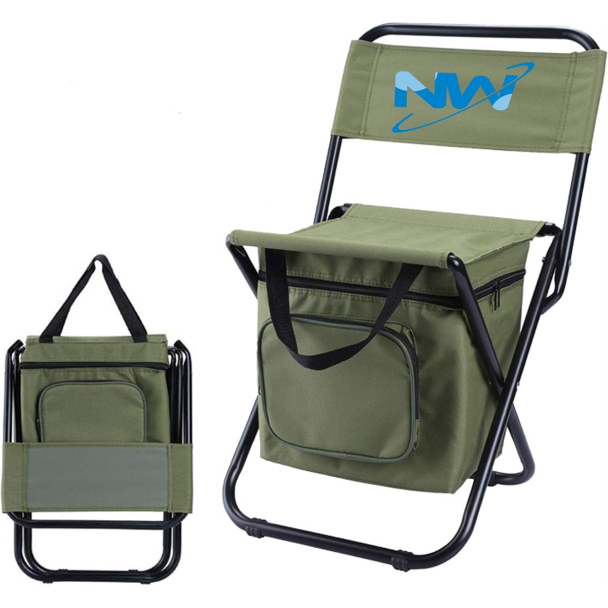 A folding chair in olive green with an insulated bag and a carry handle. The chair features a logo.