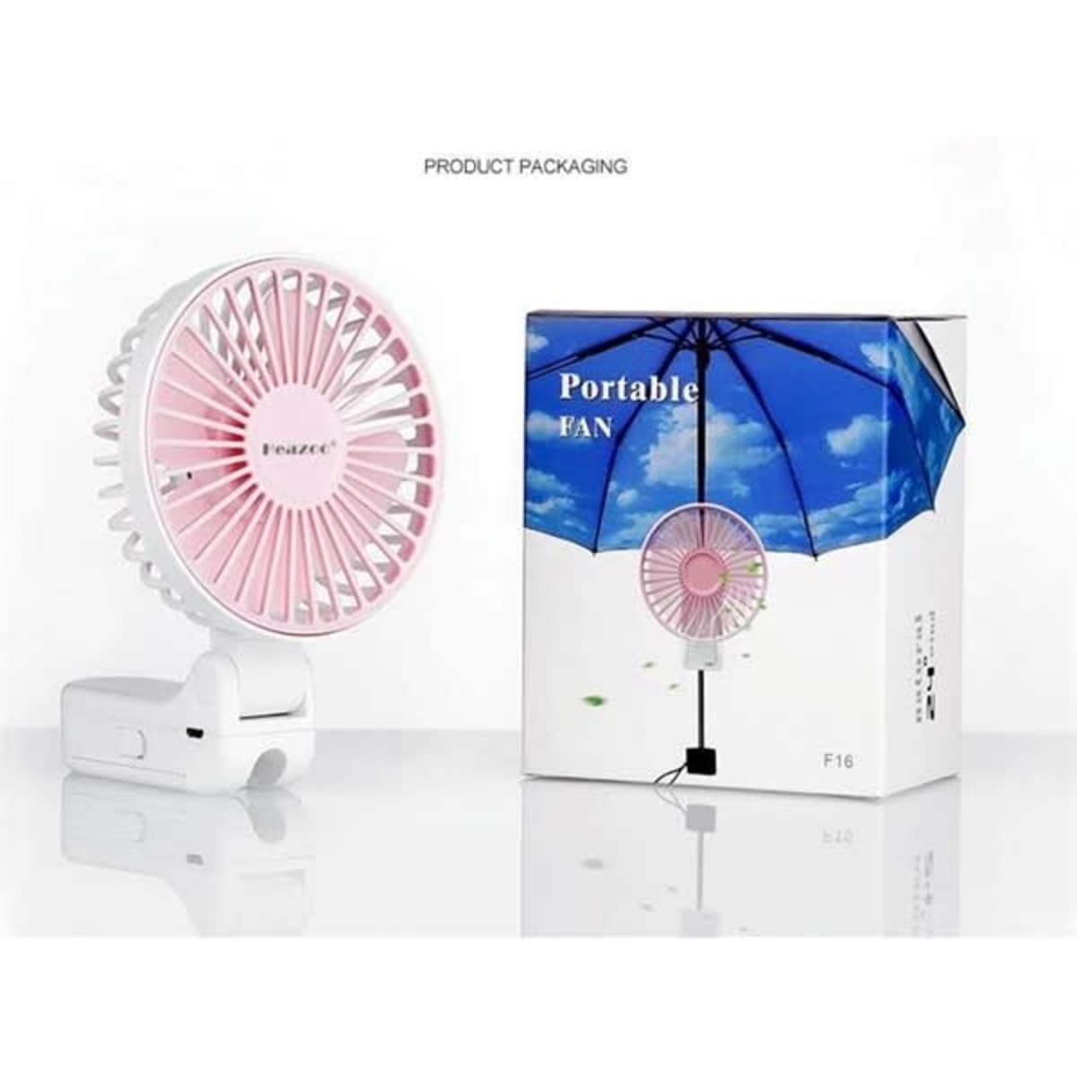 A rechargeable, folding hand-held fan in pink, displayed with its packaging featuring an umbrella design.