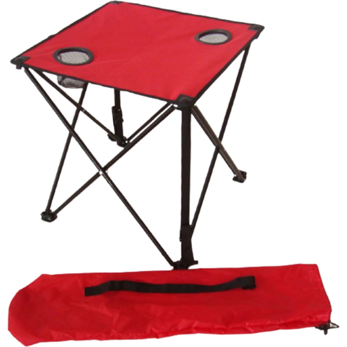A lightweight red folding table with two cup holders, accompanied by a matching carrying bag. It features a sturdy black frame.