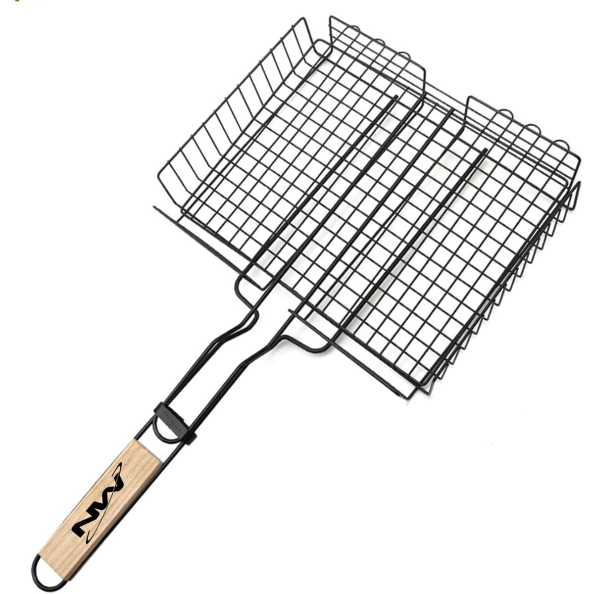 A barbecue net featuring a black wire grill and a wooden handle, designed for grilling food.