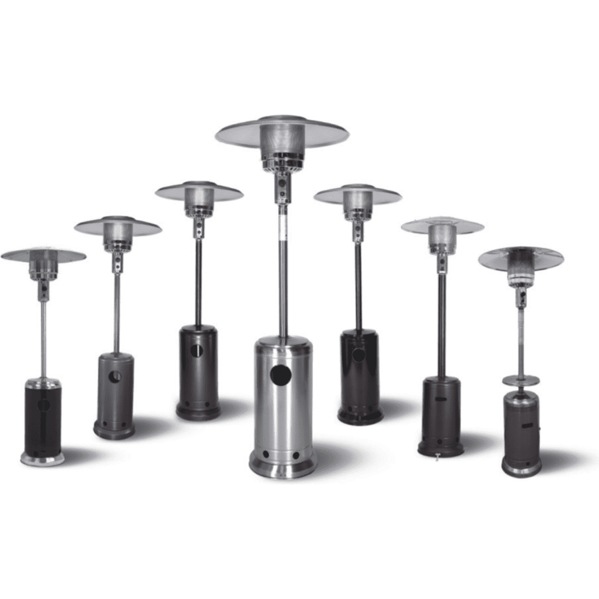 A range of outdoor floor stand patio heaters in silver and black, featuring various heights and designs.