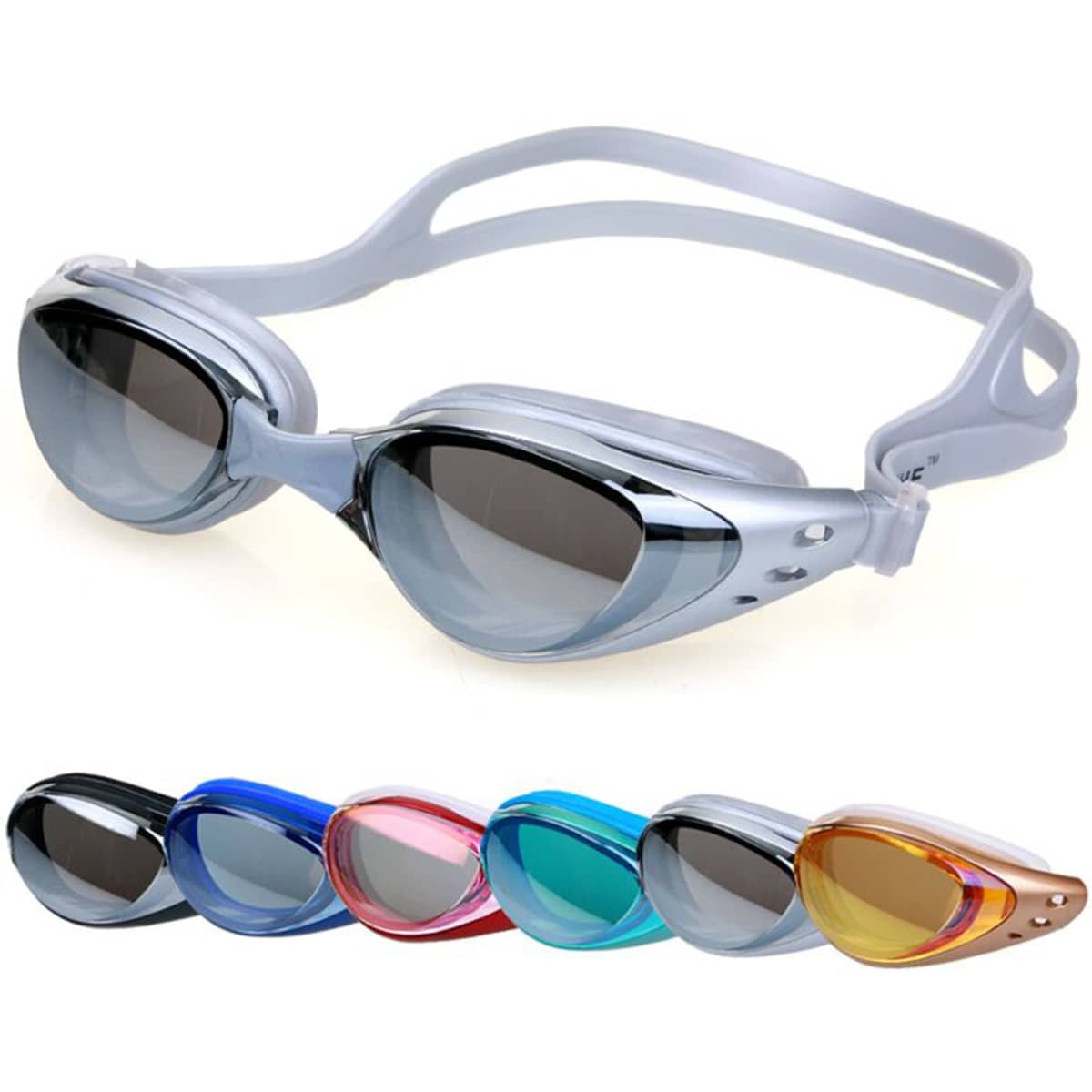 Adult swimming eyeglasses in grey with a sleek design, featuring tinted lenses and various colours displayed below.