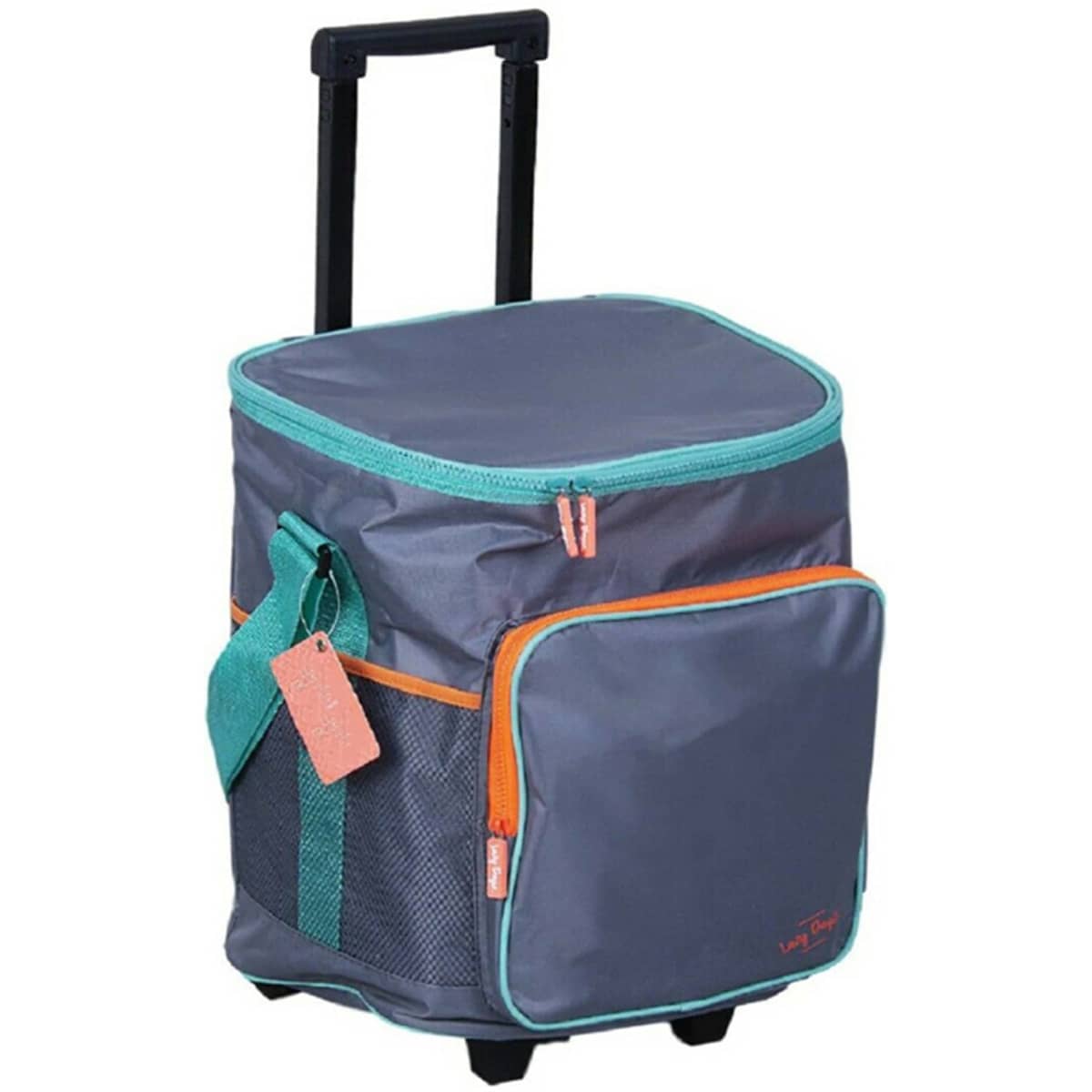 A foldable trolley rolling cooler bag in grey with turquoise and orange accents, featuring a retractable handle and exterior pockets.