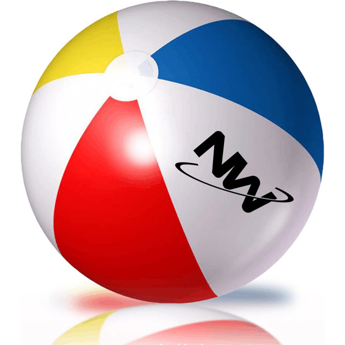 A beach ball featuring yellow, blue, red, and white panels, with a logo on its surface.