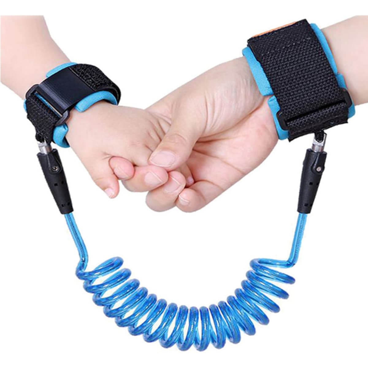 Child anti-lost wrist straps feature a blue coiled connector and black adjustable cuffs for secure attachment.