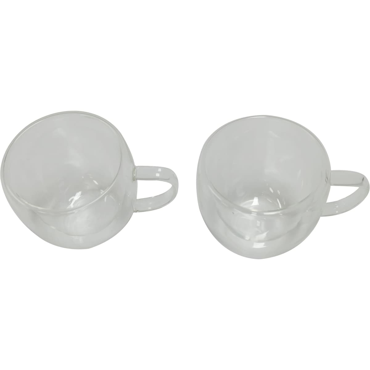 A pair of clear double wall glass mugs with handles, featuring a simple and elegant design.