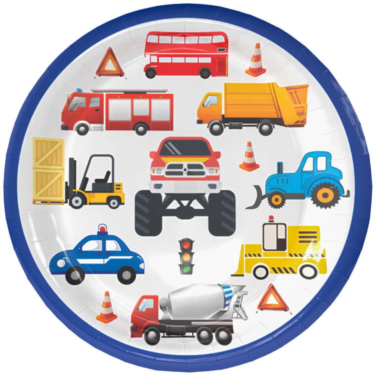 A round paper plate featuring colourful illustrations of various vehicles and construction signs on a white background.