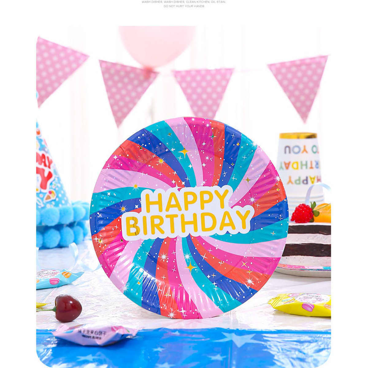 A 7-inch round paper plate featuring a vibrant swirl design in pink, blue, and white with a "Happy Birthday" message.