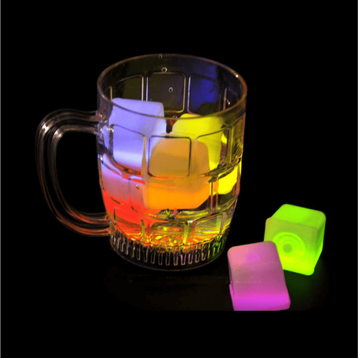 A clear drink mug with glowing ice cubes in purple, blue, and green shades, resting on a dark surface.